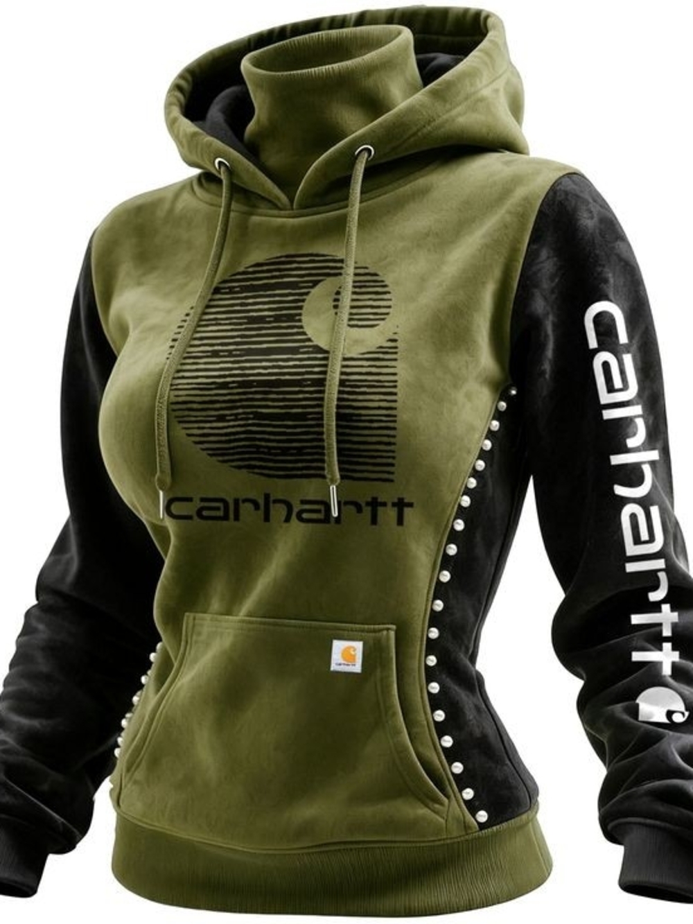 RARE boutique Carhartt Olive Green & Black Logo Hoodie With Pearl Details